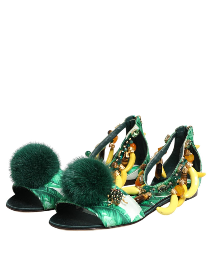 Dolce & Gabbana Green Mink Fur Satin Banana Leaf Sandals Shoes - Beyzy Store - Dolce & Gabbana