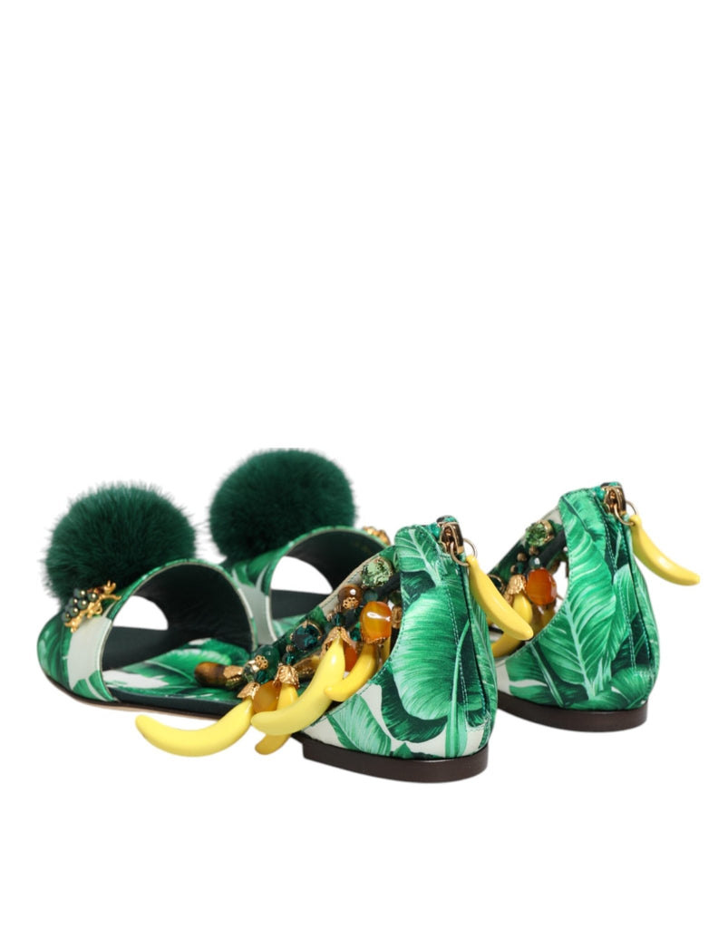 Dolce & Gabbana Green Mink Fur Satin Banana Leaf Sandals Shoes - Beyzy Store - Dolce & Gabbana