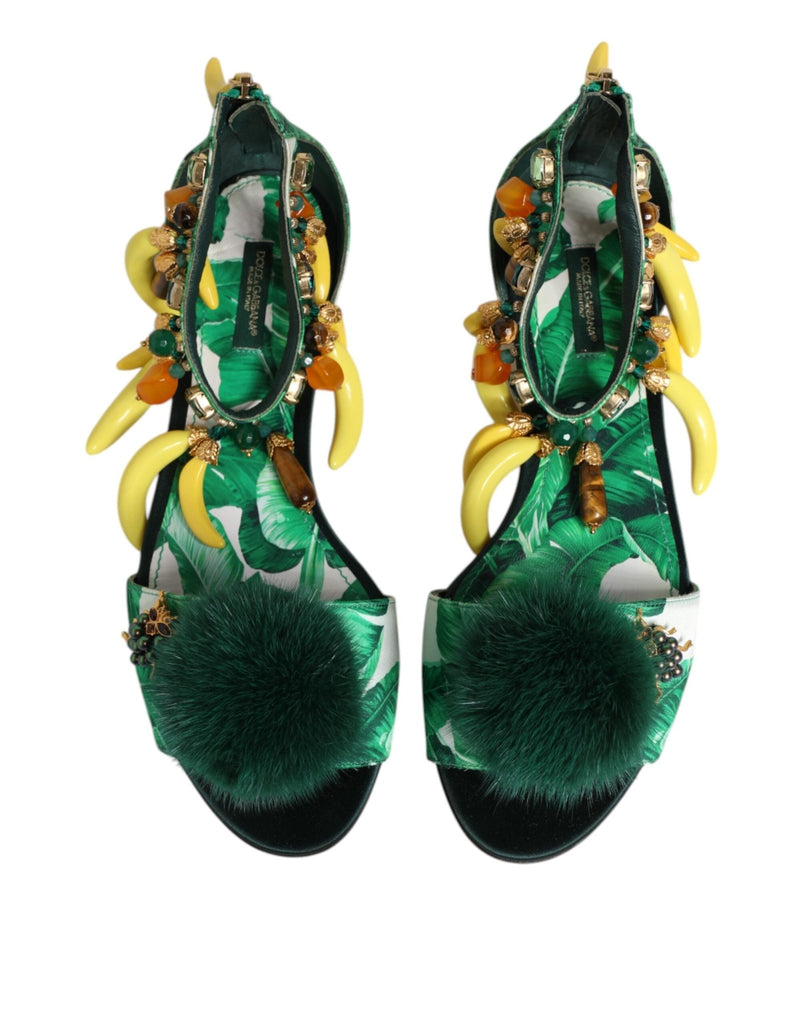 Dolce & Gabbana Green Mink Fur Satin Banana Leaf Sandals Shoes - Beyzy Store - Dolce & Gabbana