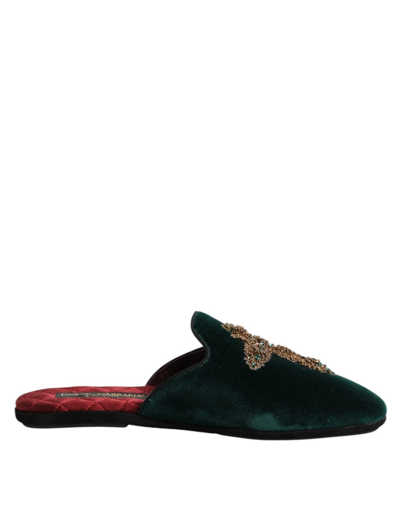 Dolce & Gabbana Green Velvet Cross Embellished Slippers Shoes - Beyzy Store - Dolce & Gabbana