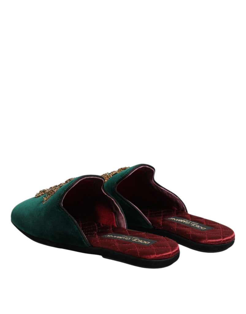 Dolce & Gabbana Green Velvet Cross Embellished Slippers Shoes - Beyzy Store - Dolce & Gabbana