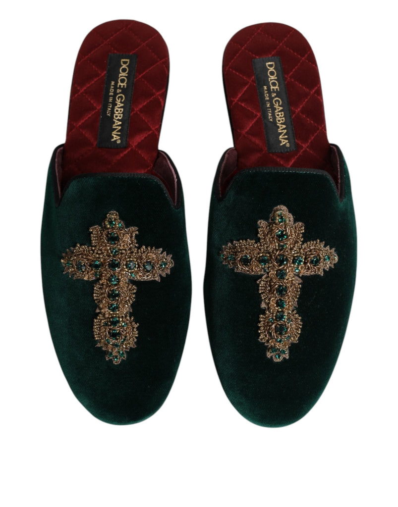 Dolce & Gabbana Green Velvet Cross Embellished Slippers Shoes - Beyzy Store - Dolce & Gabbana
