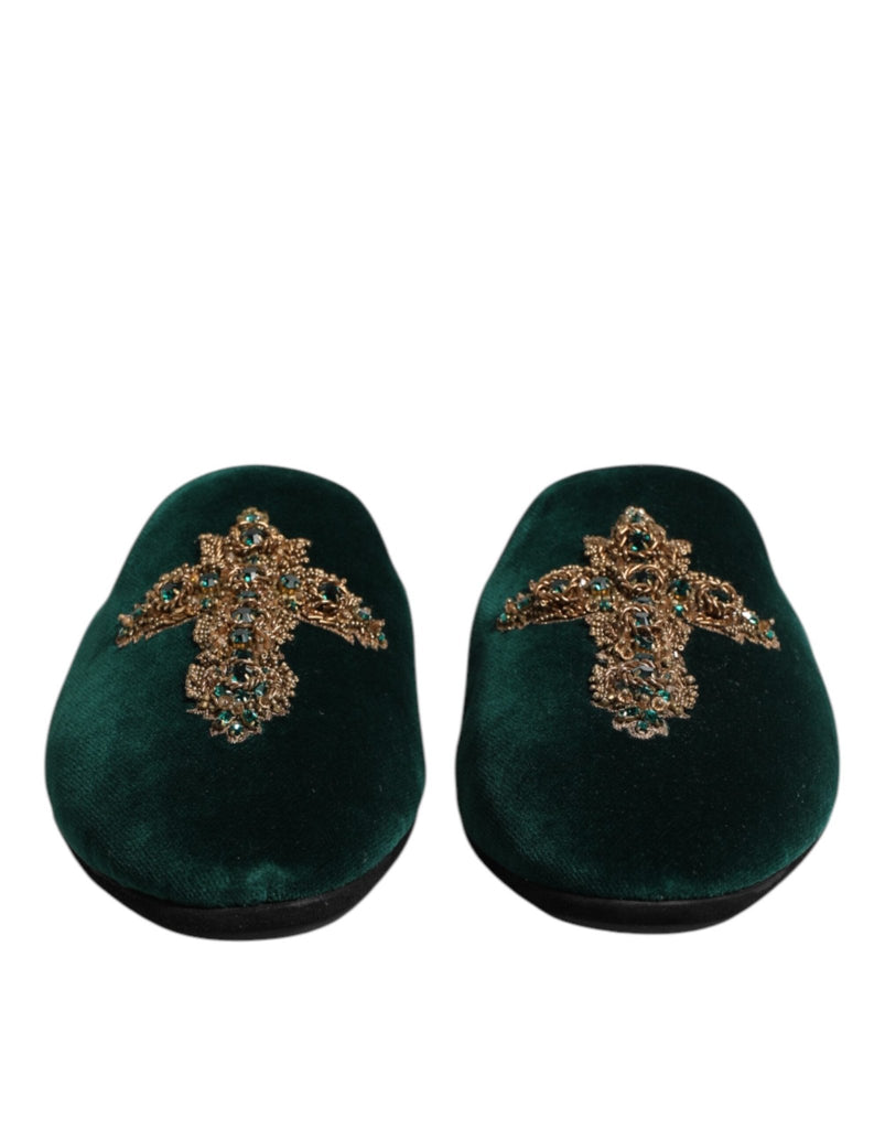 Dolce & Gabbana Green Velvet Cross Embellished Slippers Shoes - Beyzy Store - Dolce & Gabbana