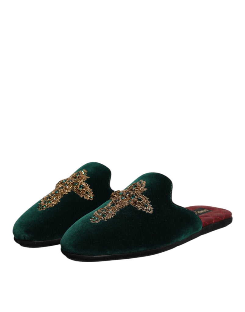Dolce & Gabbana Green Velvet Cross Embellished Slippers Shoes - Beyzy Store - Dolce & Gabbana