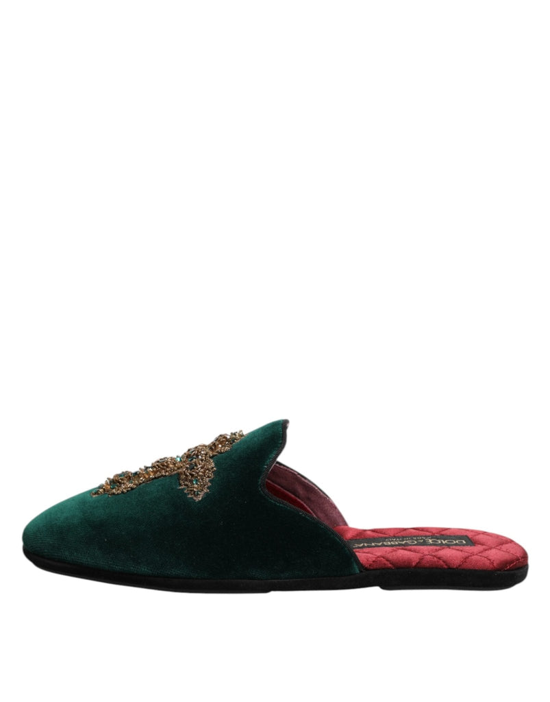 Dolce & Gabbana Green Velvet Cross Embellished Slippers Shoes - Beyzy Store - Dolce & Gabbana