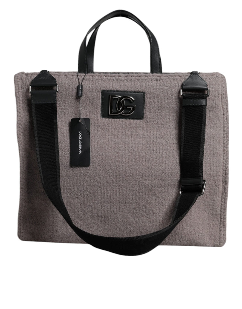 Dolce & Gabbana Grey Alpaca Wool Logo Plaque Tote Shoulder Bag - Beyzy Store - Dolce & Gabbana