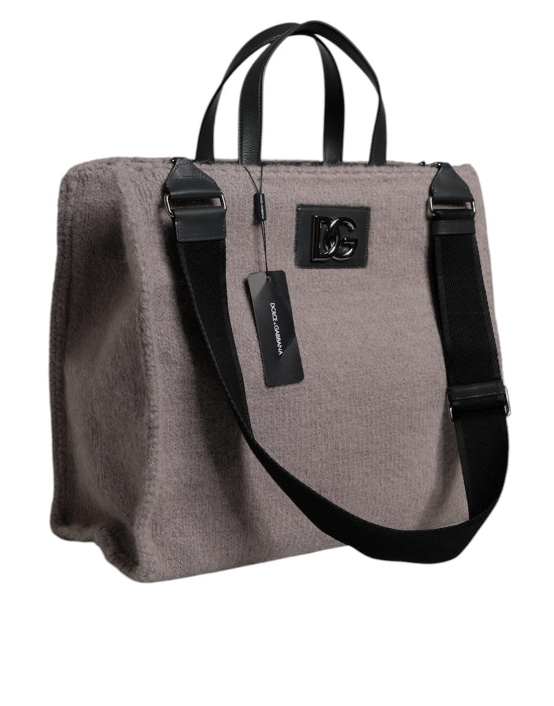 Dolce & Gabbana Grey Alpaca Wool Logo Plaque Tote Shoulder Bag - Beyzy Store - Dolce & Gabbana