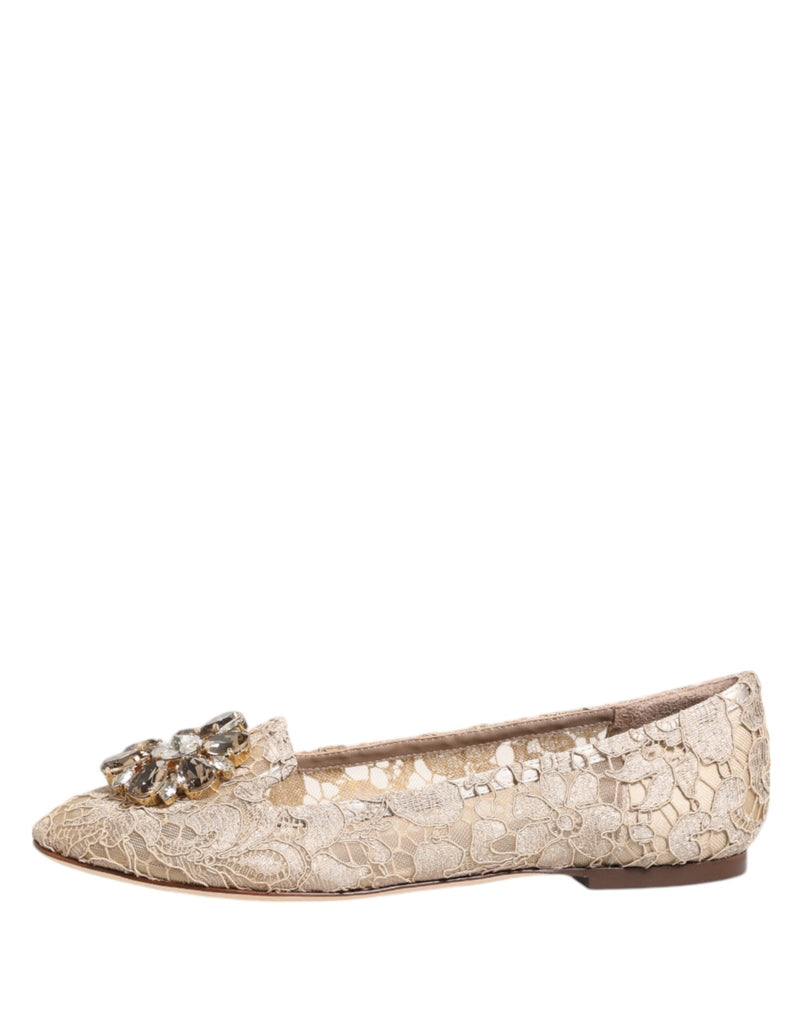 Dolce & Gabbana Ivory Taormina Lace Crystals Flats Shoes - Beyzy Store - Dolce & Gabbana