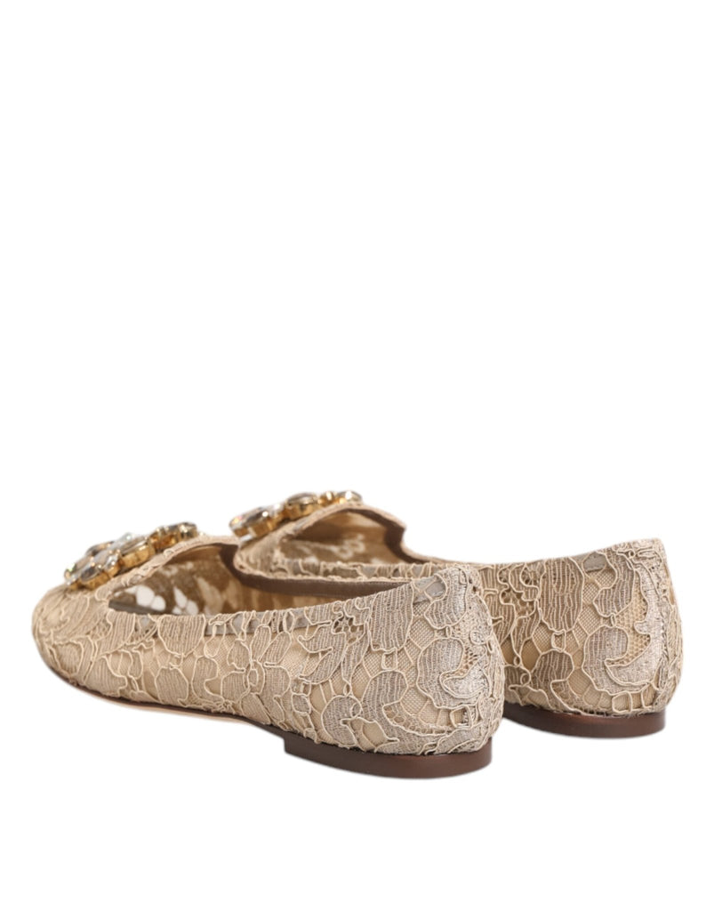 Dolce & Gabbana Ivory Taormina Lace Crystals Flats Shoes - Beyzy Store - Dolce & Gabbana
