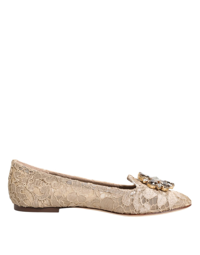 Dolce & Gabbana Ivory Taormina Lace Crystals Flats Shoes - Beyzy Store - Dolce & Gabbana