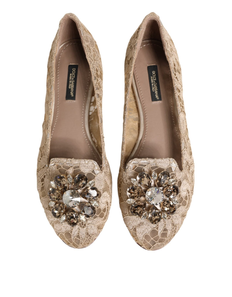 Dolce & Gabbana Ivory Taormina Lace Crystals Flats Shoes - Beyzy Store - Dolce & Gabbana