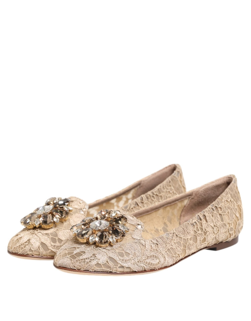 Dolce & Gabbana Ivory Taormina Lace Crystals Flats Shoes - Beyzy Store - Dolce & Gabbana