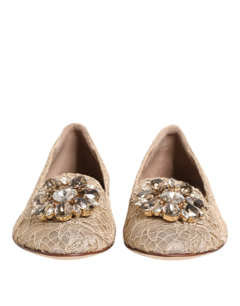 Dolce & Gabbana Ivory Taormina Lace Crystals Flats Shoes - Beyzy Store - Dolce & Gabbana
