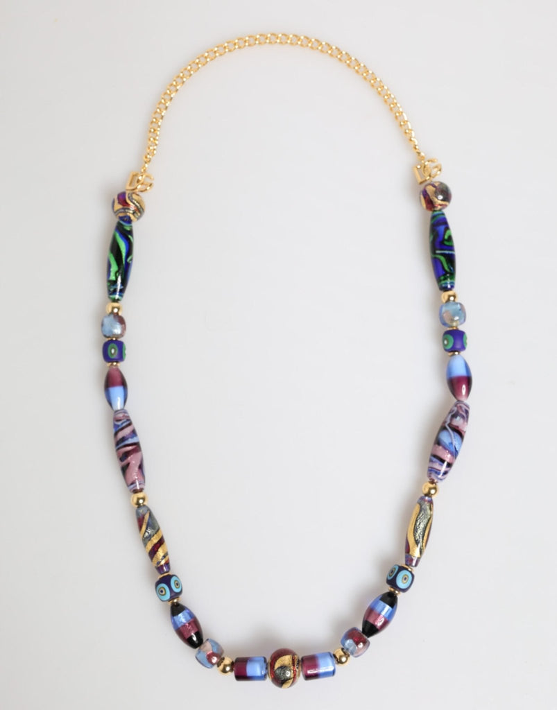 Dolce & Gabbana Multicolor Murano Glass Beads Gold Brass Chain Jewelry Necklace - Beyzy Store - Dolce & Gabbana