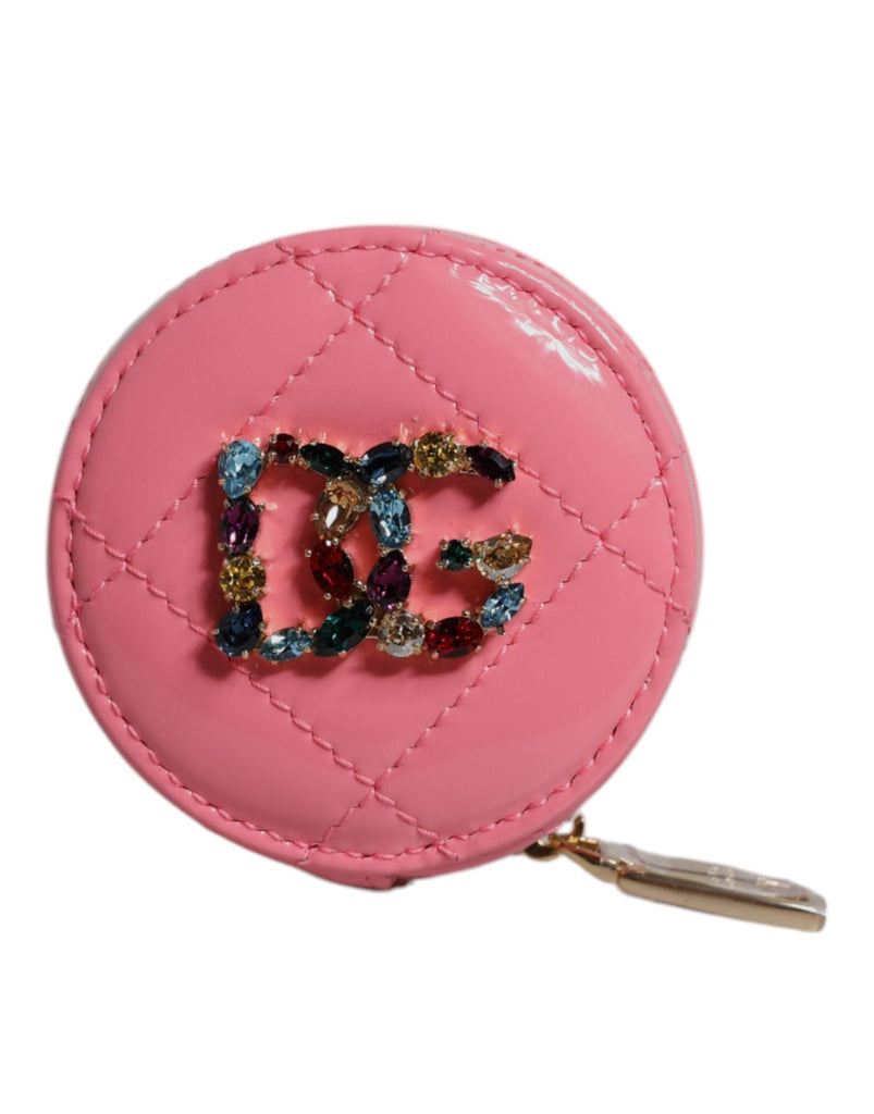 Dolce & Gabbana Pink Lamb Leather DG Crystal Round Coin Purse Wallet - Beyzy Store - Dolce & Gabbana