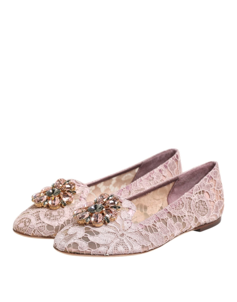 Dolce & Gabbana Pink Taormina Lace Crystals Flats Shoes - Beyzy Store - Dolce & Gabbana