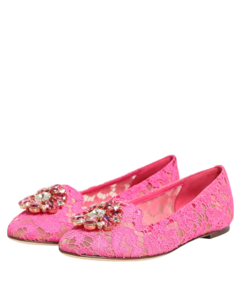 Dolce & Gabbana Pink Taormina Lace Crystals Flats Shoes - Beyzy Store - Dolce & Gabbana