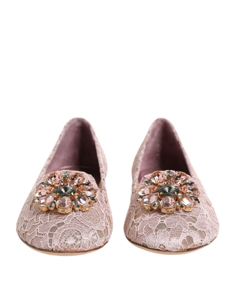 Dolce & Gabbana Pink Taormina Lace Crystals Flats Shoes - Beyzy Store - Dolce & Gabbana