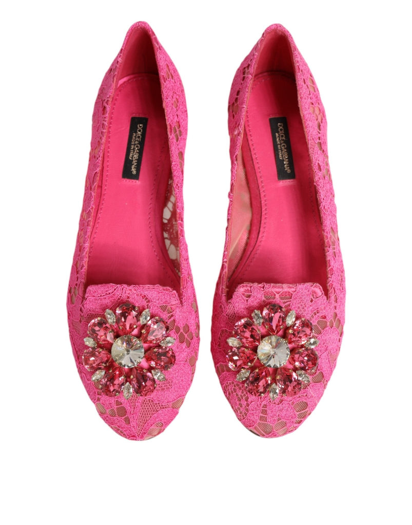 Dolce & Gabbana Pink Taormina Lace Crystals Flats Shoes - Beyzy Store - Dolce & Gabbana