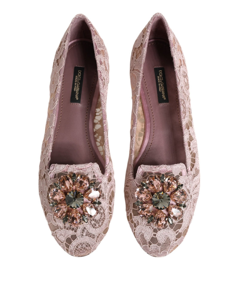 Dolce & Gabbana Pink Taormina Lace Crystals Flats Shoes - Beyzy Store - Dolce & Gabbana