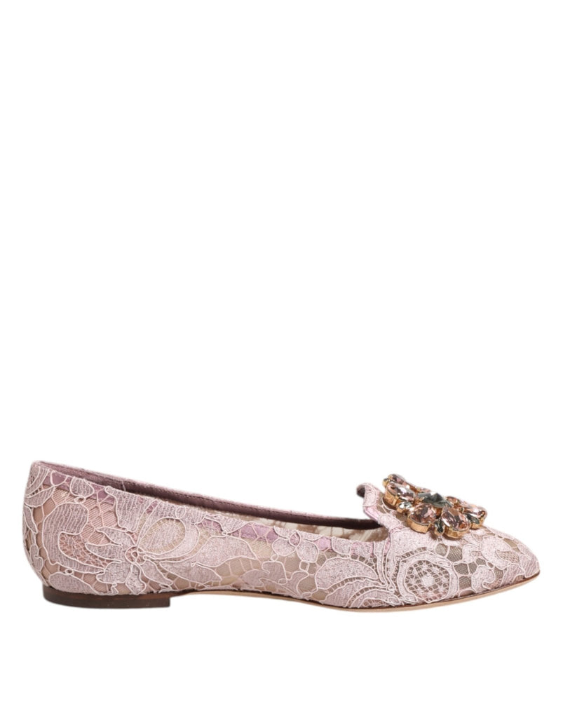 Dolce & Gabbana Pink Taormina Lace Crystals Flats Shoes - Beyzy Store - Dolce & Gabbana