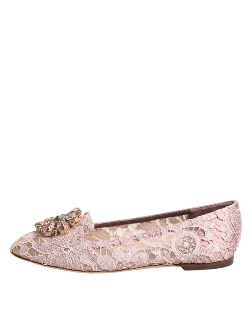 Dolce & Gabbana Pink Taormina Lace Crystals Flats Shoes - Beyzy Store - Dolce & Gabbana