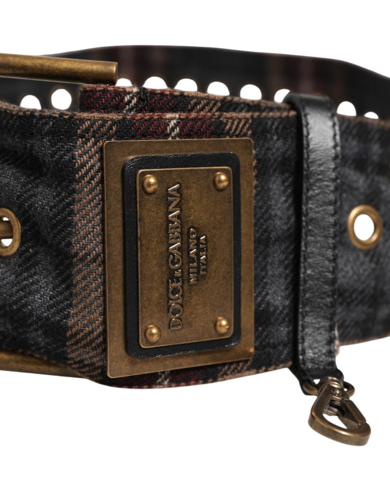 Dolce & Gabbana Plaid Fabric Logo Plate Brass Buckle Belt - Beyzy Store - Dolce & Gabbana