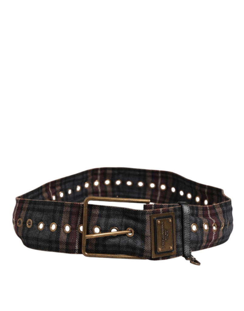 Dolce & Gabbana Plaid Fabric Logo Plate Brass Buckle Belt - Beyzy Store - Dolce & Gabbana