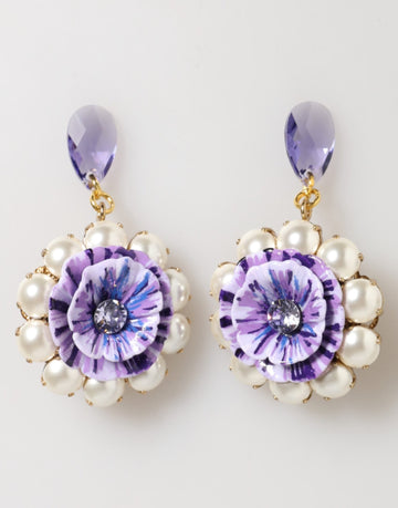 Dolce & Gabbana Purple Floral Crystal Pearl Drop Clip - On Statement Earrings - Beyzy Store - Dolce & Gabbana