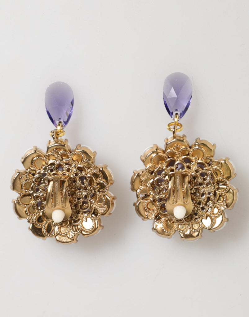 Dolce & Gabbana Purple Floral Crystal Pearl Drop Clip - On Statement Earrings - Beyzy Store - Dolce & Gabbana