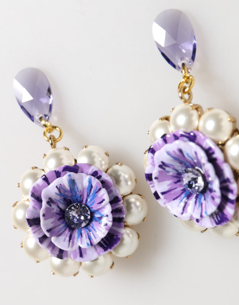 Dolce & Gabbana Purple Floral Crystal Pearl Drop Clip - On Statement Earrings - Beyzy Store - Dolce & Gabbana