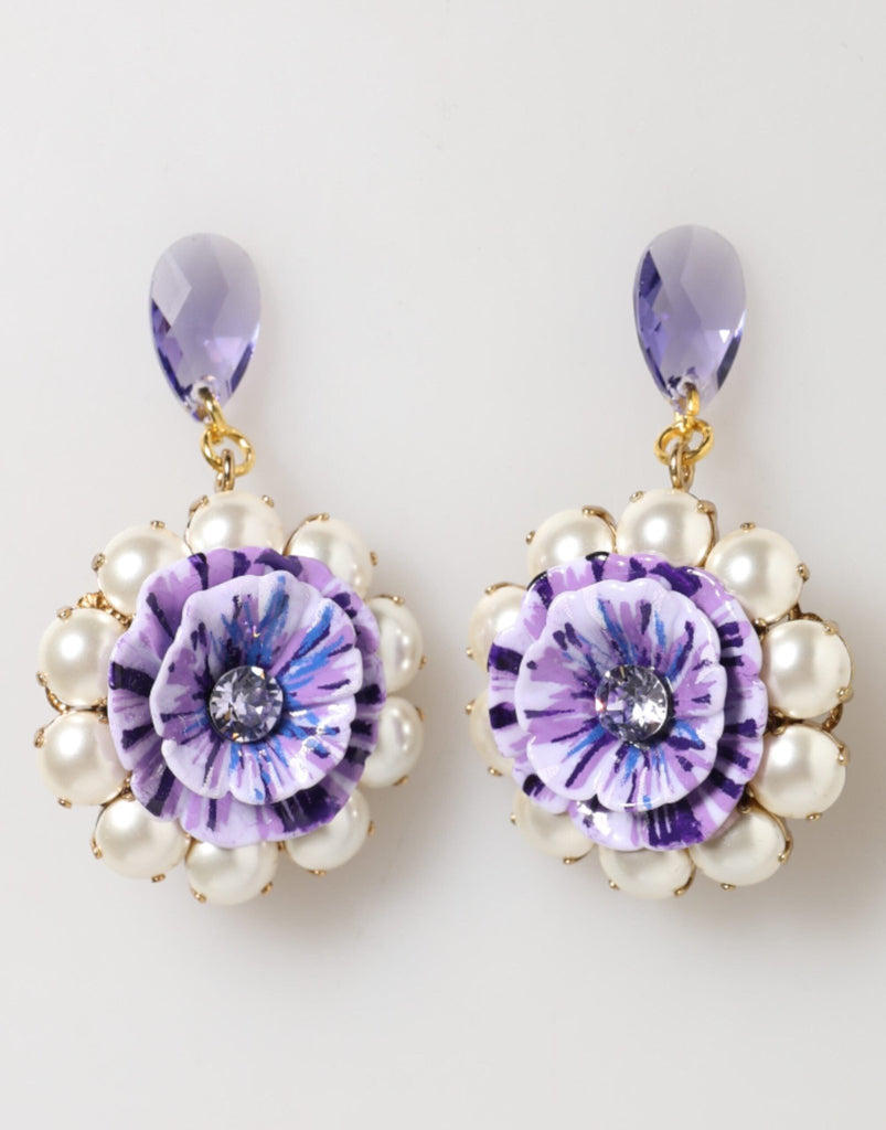 Dolce & Gabbana Purple Floral Crystal Pearl Drop Clip - On Statement Earrings - Beyzy Store - Dolce & Gabbana