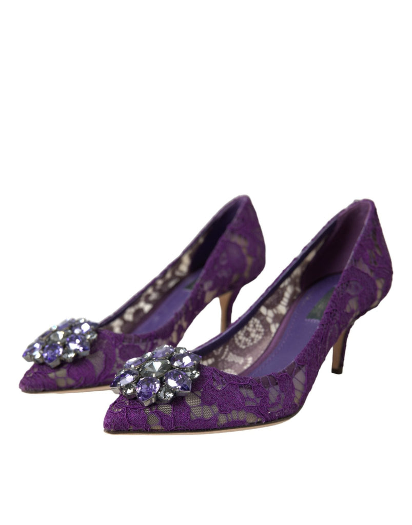 Dolce & Gabbana Purple Taormina Lace Crystal Heel Pumps Shoes - Beyzy Store - Dolce & Gabbana