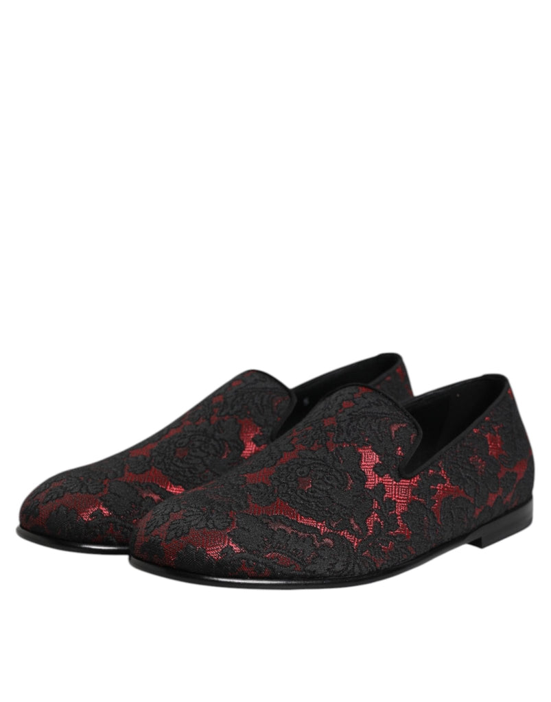 Dolce & Gabbana Red Black Jacquard Slip On Men Loafers Shoes - Beyzy Store - Dolce & Gabbana
