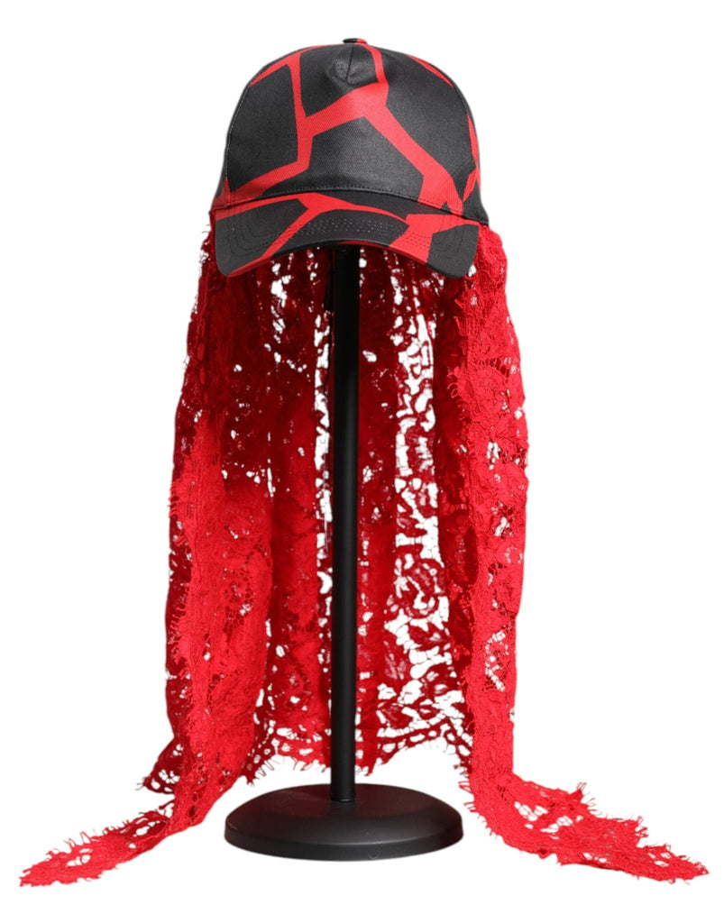 Dolce & Gabbana Red Black Lace Tulle Cotton Baseball Cap - Beyzy Store - Dolce & Gabbana