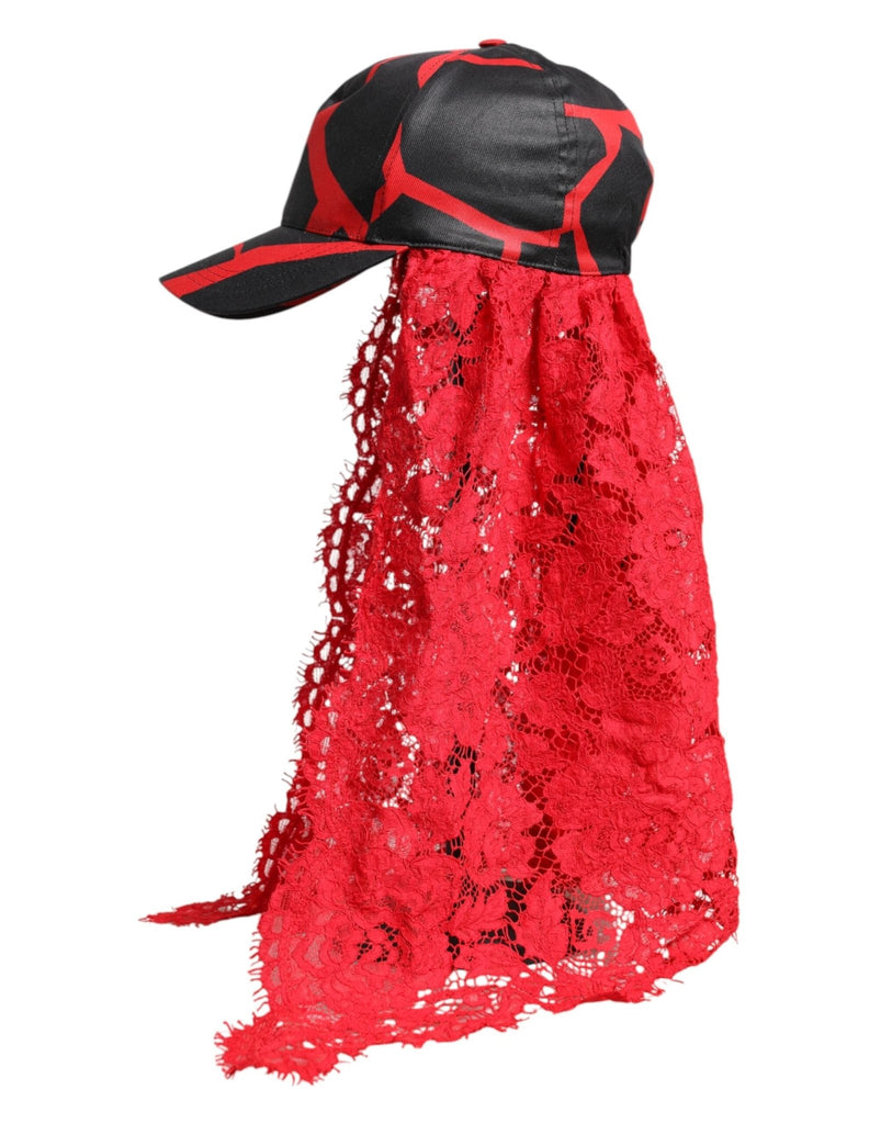 Dolce & Gabbana Red Black Lace Tulle Cotton Baseball Cap - Beyzy Store - Dolce & Gabbana