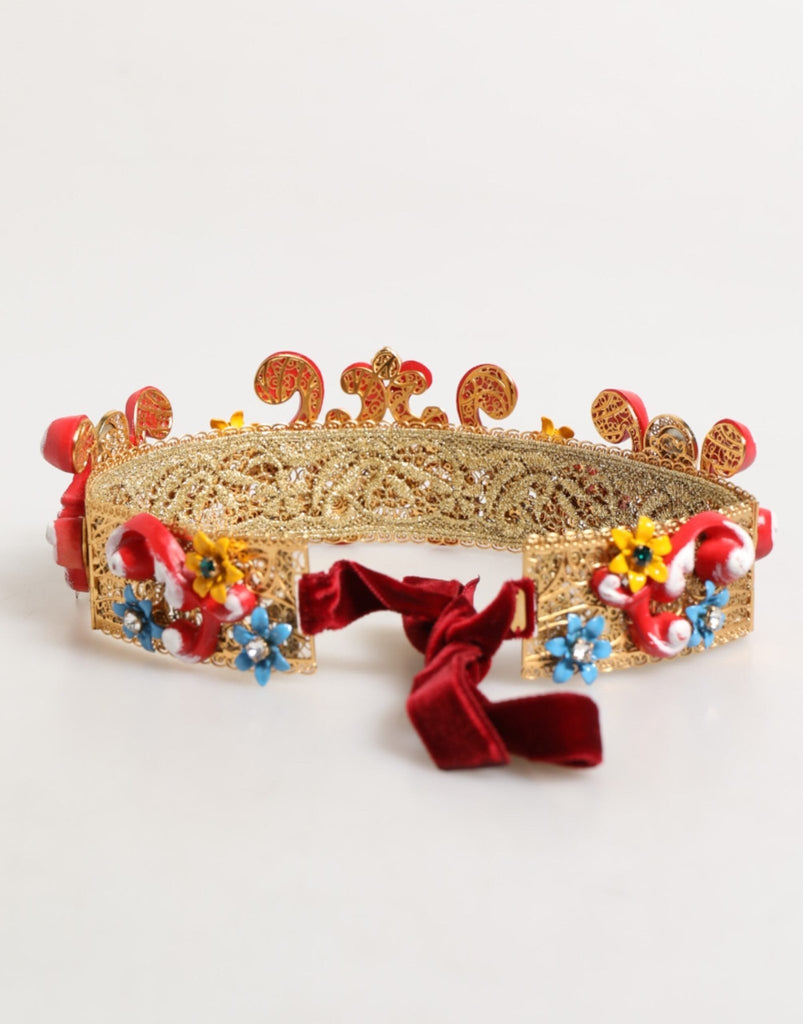 Dolce & Gabbana Red Carretto Multicolor Crystal Gold Tiara Crow Headband - Beyzy Store - Dolce & Gabbana