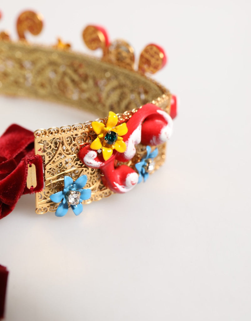 Dolce & Gabbana Red Carretto Multicolor Crystal Gold Tiara Crow Headband - Beyzy Store - Dolce & Gabbana