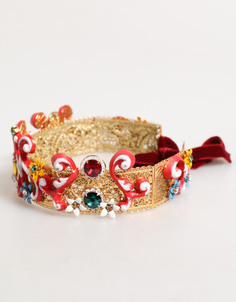Dolce & Gabbana Red Carretto Multicolor Crystal Gold Tiara Crow Headband - Beyzy Store - Dolce & Gabbana