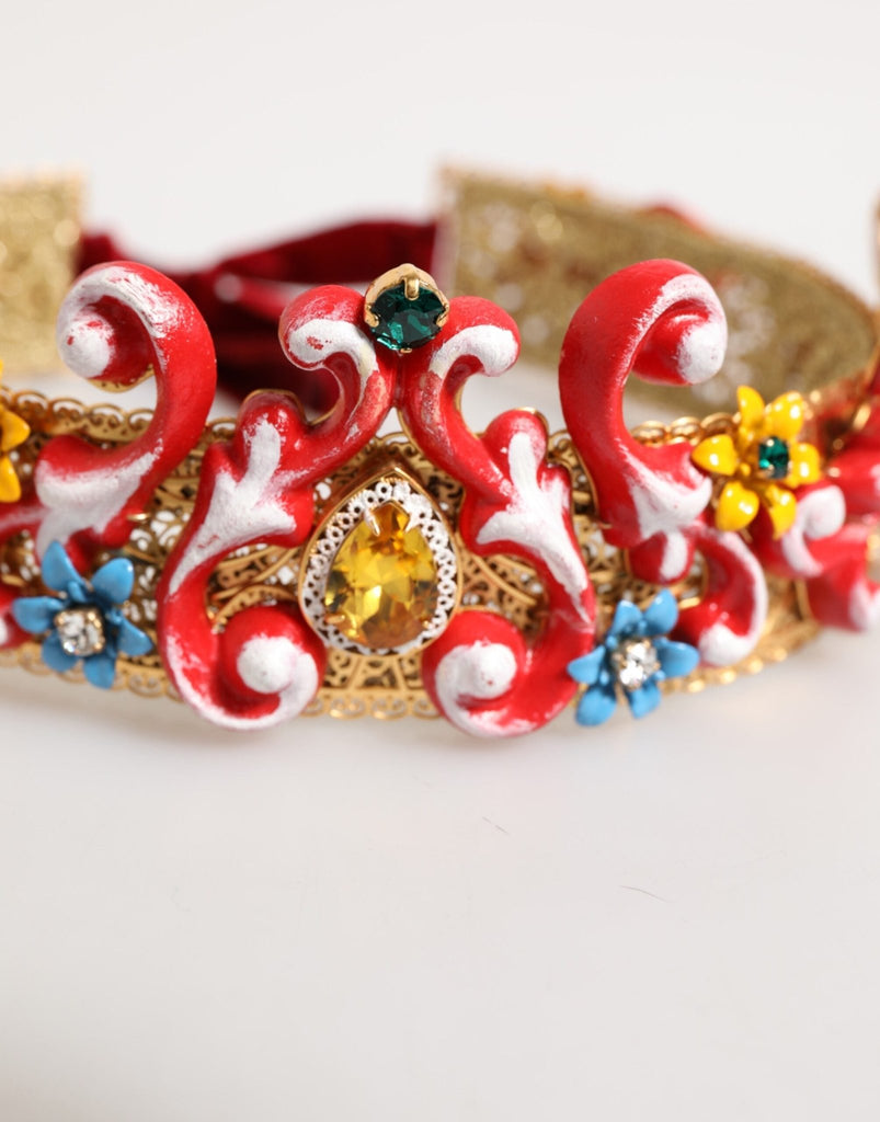 Dolce & Gabbana Red Carretto Multicolor Crystal Gold Tiara Crow Headband - Beyzy Store - Dolce & Gabbana