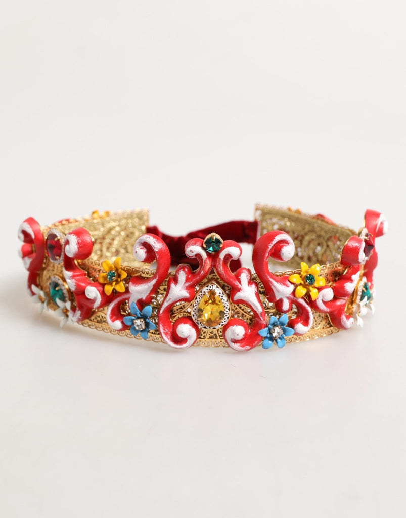 Dolce & Gabbana Red Carretto Multicolor Crystal Gold Tiara Crow Headband - Beyzy Store - Dolce & Gabbana
