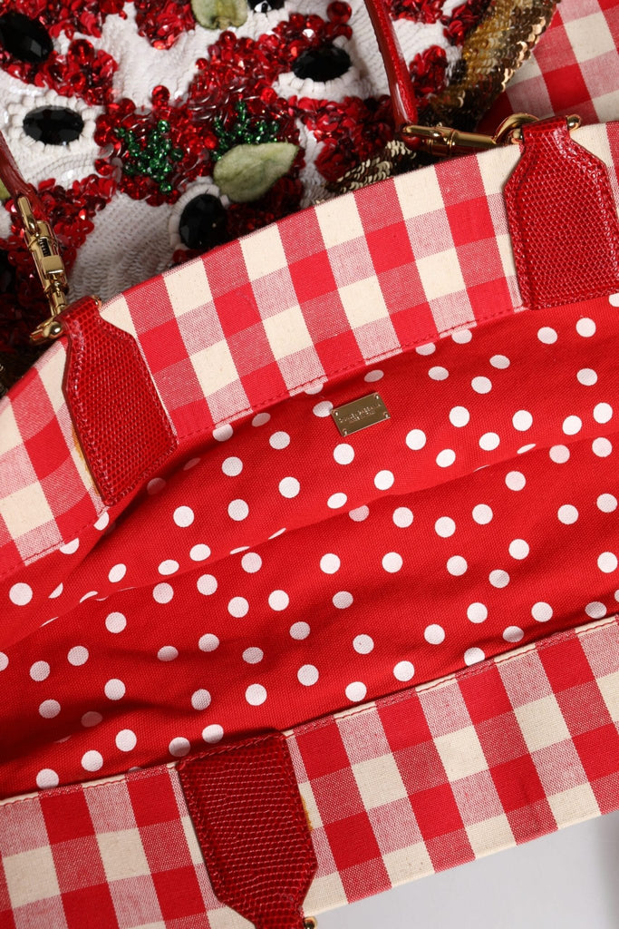 Dolce & Gabbana Red Checkered Embellished Shopping Tote Cotton Bag - Beyzy Store - Dolce & Gabbana