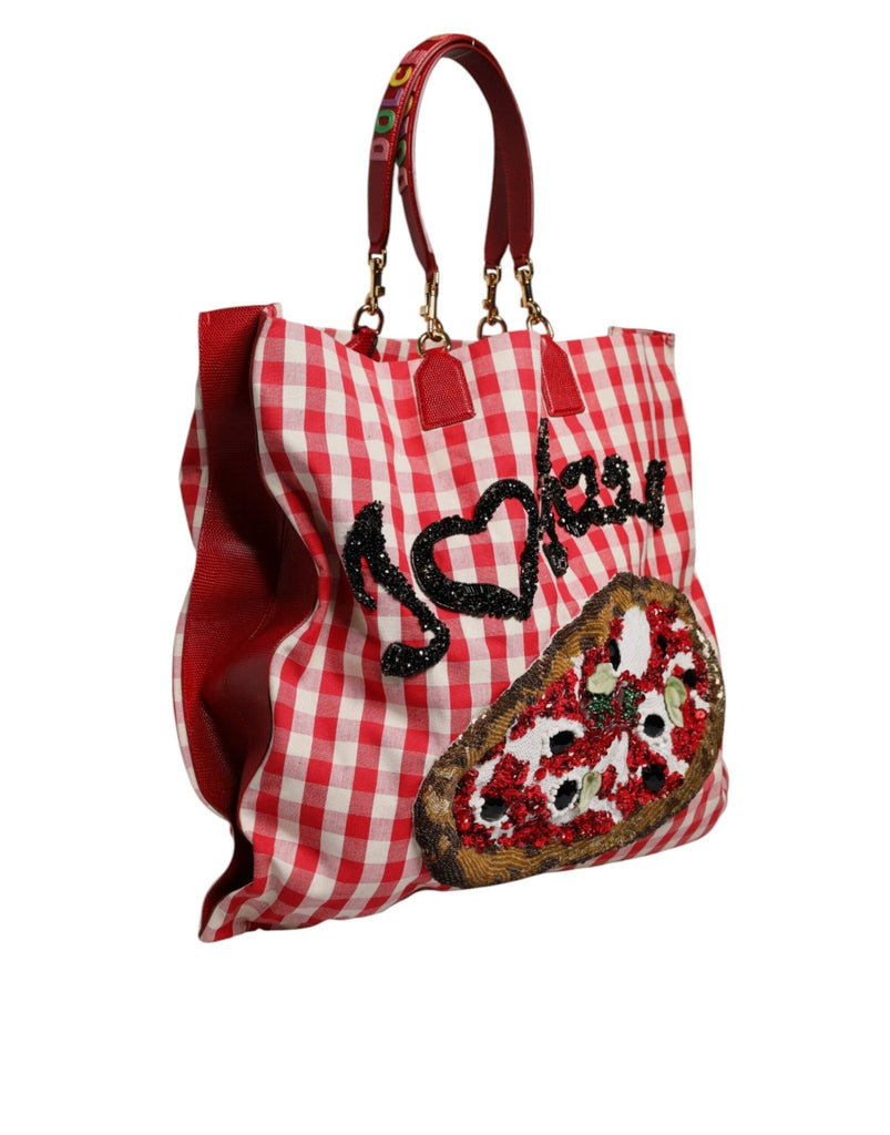 Dolce & Gabbana Red Checkered Embellished Shopping Tote Cotton Bag - Beyzy Store - Dolce & Gabbana