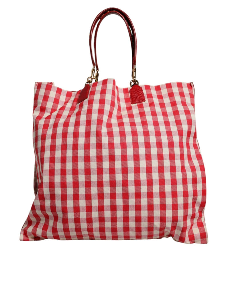 Dolce & Gabbana Red Checkered Embellished Shopping Tote Cotton Bag - Beyzy Store - Dolce & Gabbana