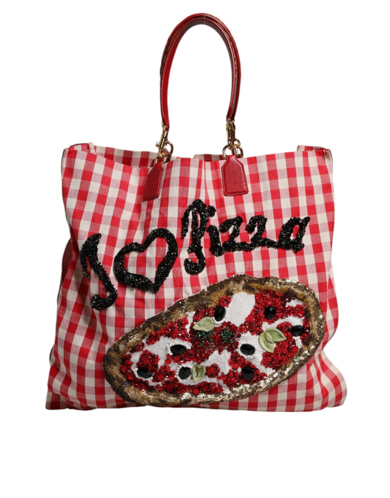 Dolce & Gabbana Red Checkered Embellished Shopping Tote Cotton Bag - Beyzy Store - Dolce & Gabbana