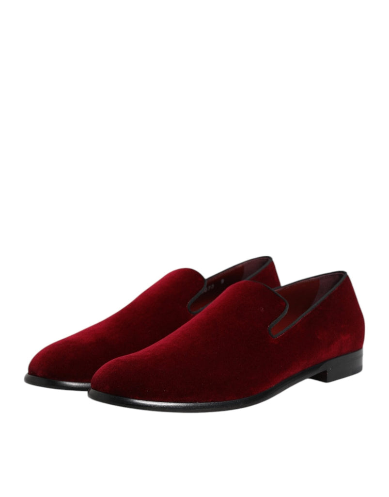 Dolce & Gabbana Red Cotton Velvet Slip On Loafers Formal Shoes - Beyzy Store - Dolce & Gabbana