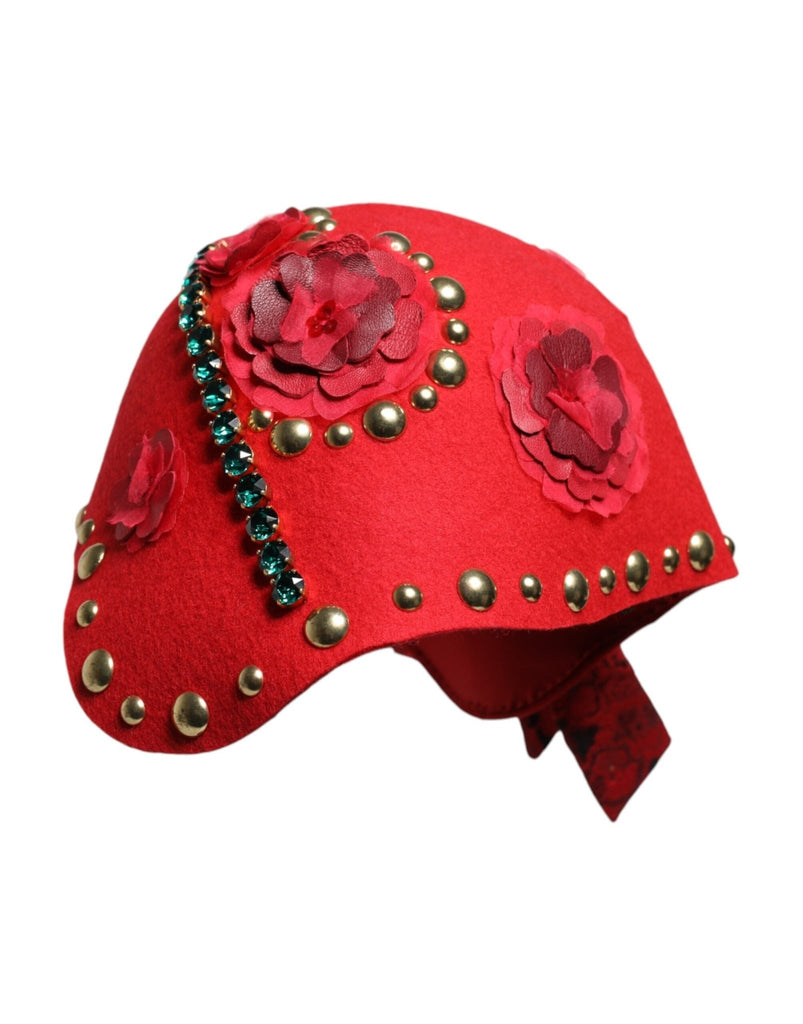 Dolce & Gabbana Red Crystal Gold Roses Brooch Embellished Hat - Beyzy Store - Dolce & Gabbana