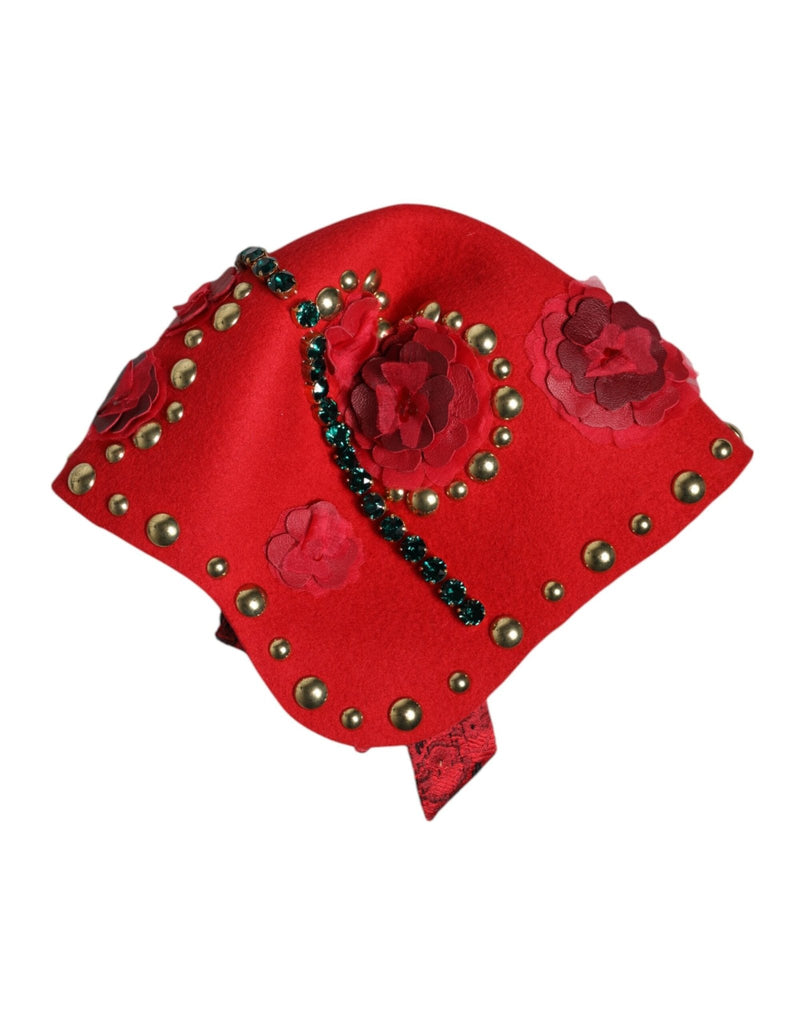 Dolce & Gabbana Red Crystal Gold Roses Brooch Embellished Hat - Beyzy Store - Dolce & Gabbana