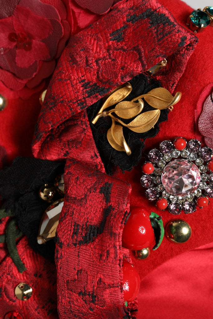 Dolce & Gabbana Red Crystal Gold Roses Brooch Embellished Hat - Beyzy Store - Dolce & Gabbana