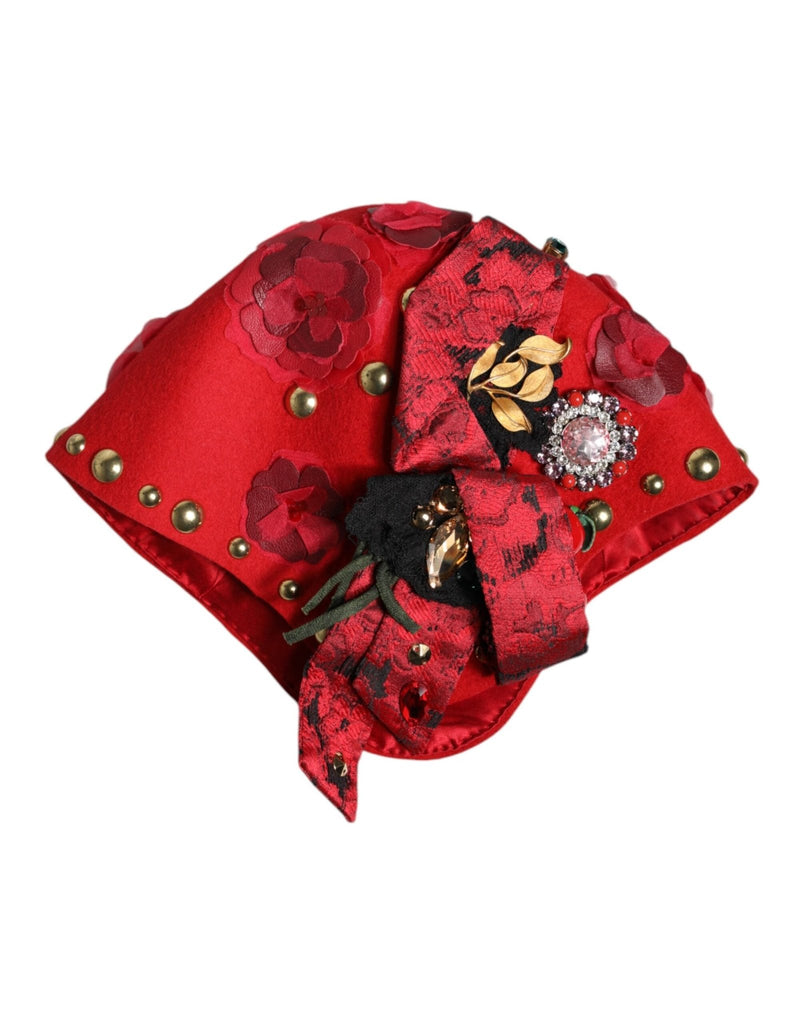 Dolce & Gabbana Red Crystal Gold Roses Brooch Embellished Hat - Beyzy Store - Dolce & Gabbana